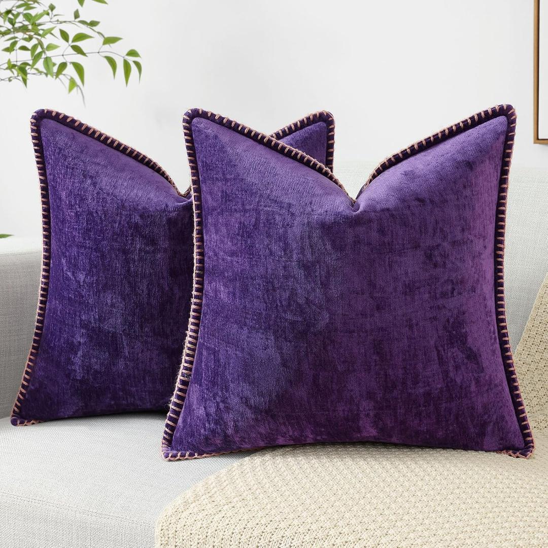 decorUhome Chenille Soft Throw Pillow Covers 22x22 Set of 2, Farmhouse Velvet Decorative Pillow Covers with Stitched Edge for Couch Sofa Bed, Petunia (22" x 22" (Pack of 2))