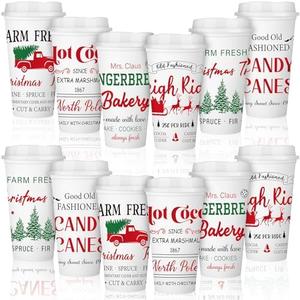 Tioncy Hot Chocolate Bar Supplies Christmas Reusable Coffee Cups Gift 16 oz with Lids Plastic Cups Travel Coffee Mug Thank You Gifts for Winter(12 Pcs,Hot Cocoa,2.3×3.5×6.3 Inches)