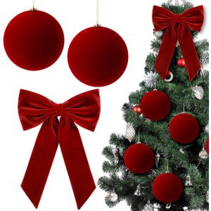 Syhood 3 Pcs Large Burgundy Velvet Christmas Ornaments Include 7.87 Inches Flocked Big Christmas Balls and 30x15 Inches Giant Burgundy Velvet Bow Xmas Tree Topper for Xmas Tree Festive Party Decor