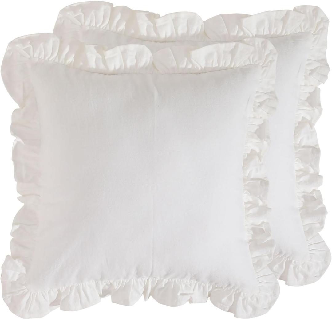 patdrea White Shabby Chic Decorative Throw Pillow Covers 18"x18" Set of 2,Farmhouse Linen Pillow Covers with Ruffles,Square Sturdy Throw Pillow Case for Couch Sofa Bed Living Room