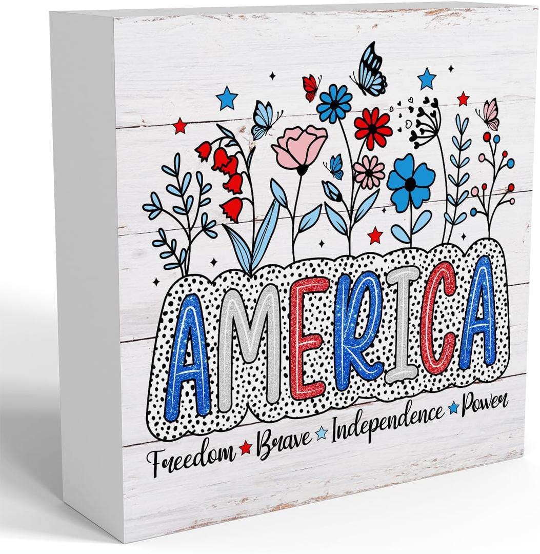 4th of July Decorations, Independence Day Patriotic Decorations, Memorial Day Decor, Red White And Blue Decor, Rustic Farmhouse America Wooden Box Sign for Office Desk Home Bedroom Table