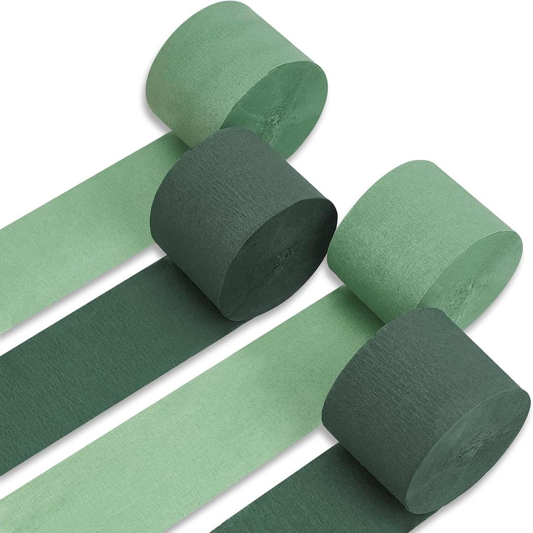 PartyWoo Dark Green Crepe Paper Streamers 4pcs 328ft Pack of Sage Emerald Forest Hunter Green Crepe Paper Streamers for Birthday Baby Shower Woodland Dinosaur Jungle Football Theme Party Decorations
