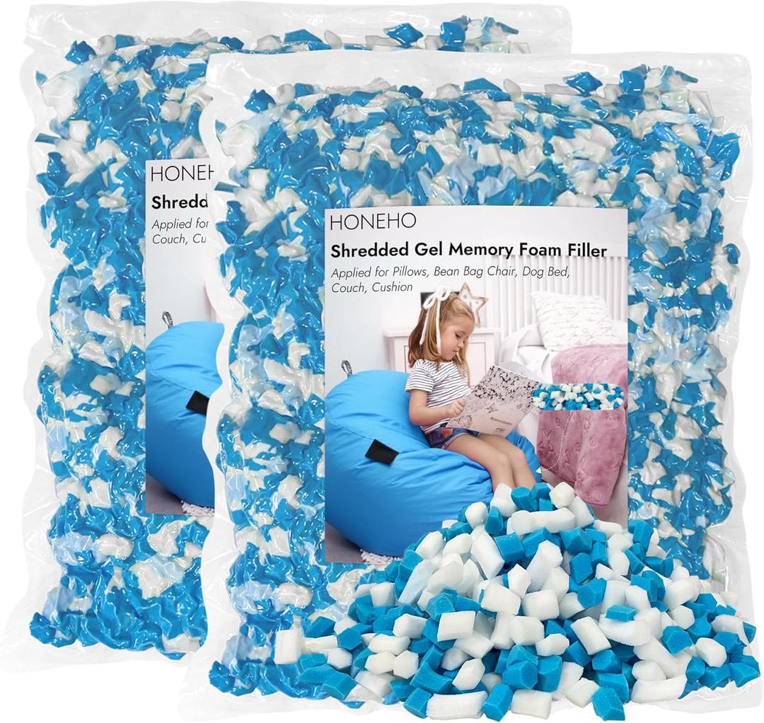 10LBS Shredded Memory Foam Filling Bean Bag Filler, Added Gel Particles Comfortable and Soft,Very Suitable for Filling Bean Bags, Pillows,Dog beds, Sofa Mats (Blue White)