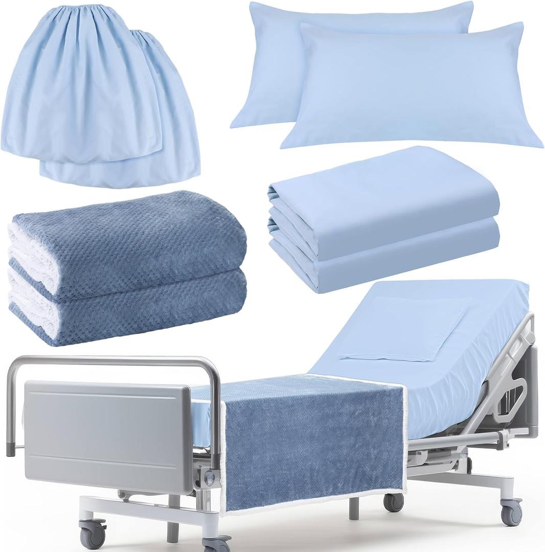 SmoothNovelty 8 Pcs Hospital Bed Sheets Set, Soft Knitted Standard Sheets Quality, Include Fitted Coverlet, Quilt Cover, Pillow Case and Blanket(Blue)