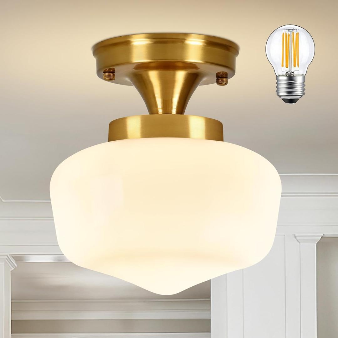 Brass Schoolhouse Ceiling Light 8" Mid Century Lights Fixtures Milk Glass Light Fixture School House Lights Fixture Ceiling Semi Flush Mount Ceiling for Bedroom Bathroom (Bulb Incl.)