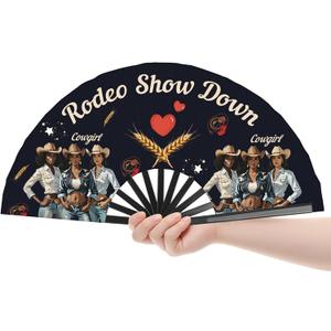 2 x Cowgirl Fans with Click for Line Dance, Rodeo Show Hand Fan, Where Them Fans At, Large Festival Folding Fan, 26 In