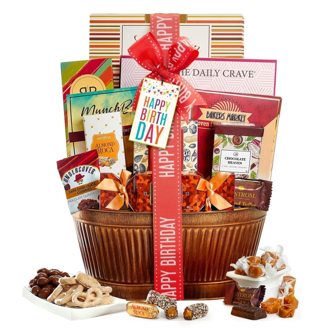 Broadway Basketeers Birthday Gift Basket  Gourmet Snacks & Sweet Treat Box with Cookies, Candy, Chocolates & more - Food Gift Basket for Women, Men & Families - Happy Birthday Surprise Box, Kosher