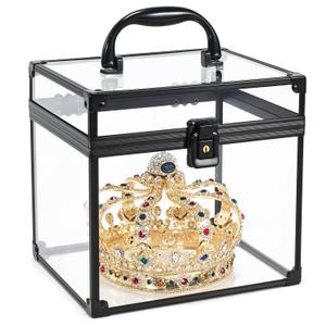 Costravio Clear Makeup Case Crown Box Toiletry Organizer Case Transparent Train Case with Latches Travel Artists Display Case for Vanity Bathroom Counter Dresser Craft Toys Case Makeup Tools Box (Black)