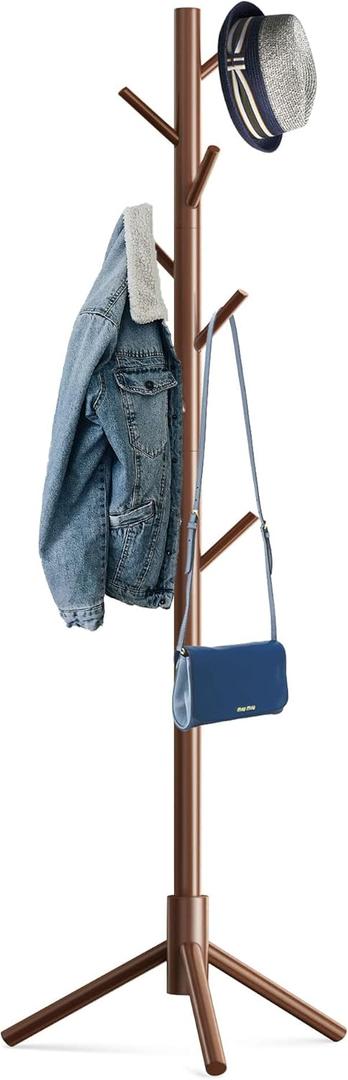 Wooden Tree Coat Rack Stand, Sturdy Freestanding Coat Rack with 8 Hooks,3 Adjustable Height for Child Adult, Wood Coat Stand Tree Fits Entryway Bedroom Office for Bags, Hats (1 PC, Brown)