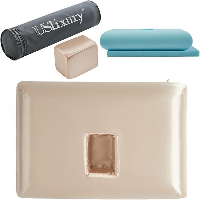 USlixury Piercing Pillow - Ear Piercing Pillow with Foam Plug, 18x12 Large Donut Plilow with 4.7x3.2 Off Center Ear Hole, Adjustable Peircing Plilow for Side Sleeper, CertiPUR-US Memory Foam,Champagne