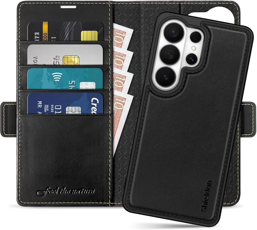 SHIELDON Wallet Case for Galaxy S26 Ultra 6.9-inch 2026, Genuine Leather, Removable, Folio Magnetic, RFID Blocking Card Holder, Kickstand, Shockproof Cover, Not Support Wireless Charging - Retro Black
