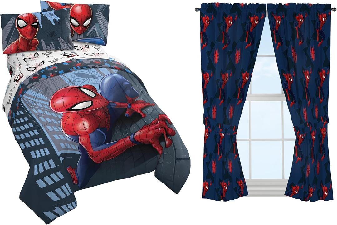 Jay Franco Marvel Spiderman Crawl Queen Bed Set and Saving The Day Drapes Bundle