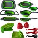 BaraBara 10 pcs Silicone Telescopic Collapsible Strainers with Handles, Foldable Bowl, Clip on Drainer. Green Spoon Rest, 3 ladle Masher Spoons. Silicone Gloves Heat Resistant Bundle Cooking Set.