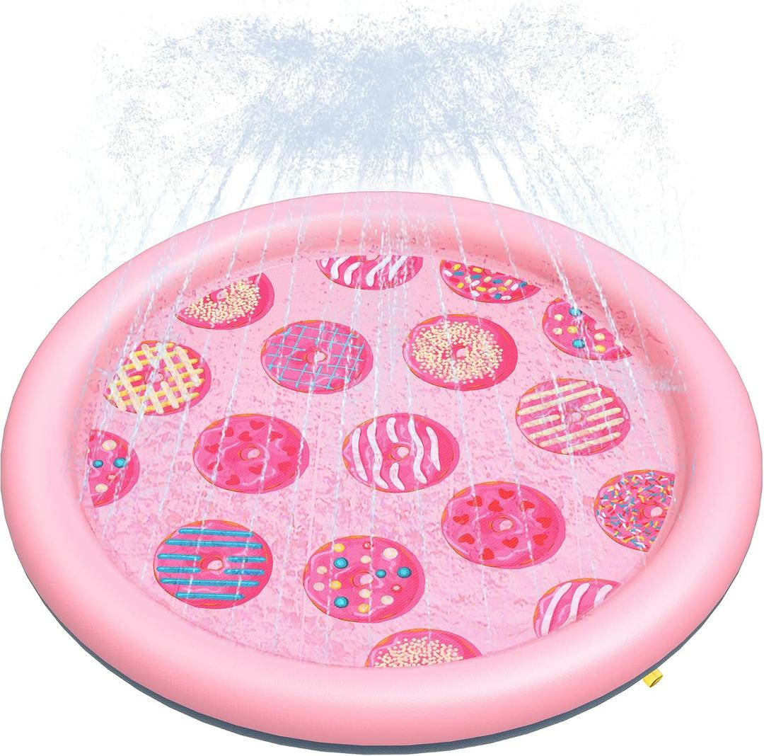 Peteast Anti-Slip Pink Donut Print Splash Pad for Kids and Dogs 0.58 mm Thicken Sprinkler Dog Pool for Summer Outdoor Water Toys - Fun Backyard Play Mat for Children and Pets (Pink 67in)