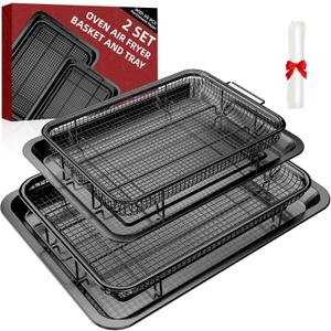 Air Fryer Basket, 2 Set Oven Air Fryer Basket and Tray with 60 PCS Parchment Papers, DEGOVIN Crisper Tray Non-stick Stainless Steel Air Fry Pans for Convection Oven(15.8"  11" & 13"  9.7"-Black)