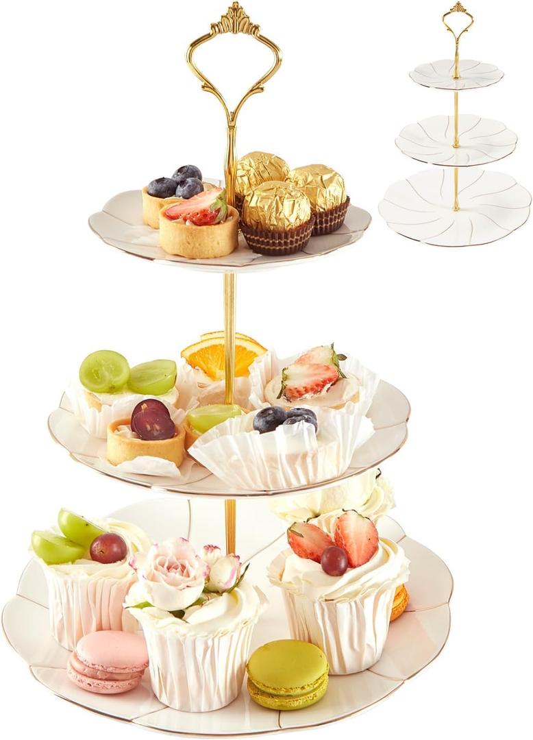 DUJUST Luxury Porcelain 3-Tier Cupcake Stand Tower, British Style Serving Tray with Golden Trim, Food Grade Dessert Display Stand, Beautiful Gift for Tea Party & Home Dcor (-Elegant White)
