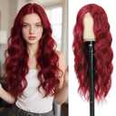 Burgundy Wig 26 Inch Long Wavy Wig for Women - Wine Red Wig Heat Resistant Synthetic Hair Middle Part Curly Wig Natural Look for Daily Party Cosplay Costume Use
