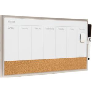U Brands Magnetic Dry Erase Weekly Calendar White Board With Cork Strip, 18" x 7.5", Silver Aluminum Frame, Includes Magnet, Marker