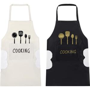 Qianyu 2 Pcs Kitchen Bib Apron with Hand Wipe Big Pocket for Women Men Chef Adjustable Waterproof Oil Resistant Cooking Aprons Hand-wiping Cooking Aprons for Kitchen Gardening Salon