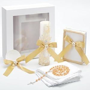 5 Pcs Baptism Candle Set for Boys Girls Included Candle Baptismal Devotional Decorations, Baptism Towel, Rosary, Bible, Shell Kit for Easter First Communion Christenings Favor(Dark Gold)