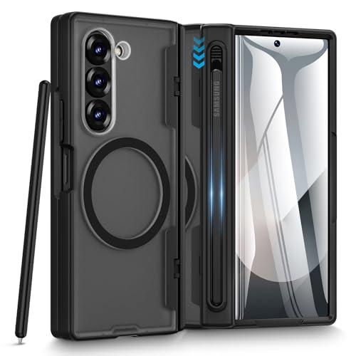 Caka for Samsung Galaxy Z Fold 6 Case [Thinner S Pen Holder Slot] [Magnetic Charging] [Hinge Protection] [Built-in Screen Protector] Translucent Hard Shockproof Magnet Phone Cover for Zfold 6 - Black