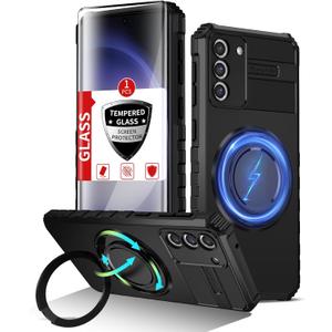 for Samsung Galaxy S23 Case Magnetic Compatible with Wireless Charging,S23 Phone Case with 1 Screen Protector,Built-in Kickstand Ring Military Grade Drop Shockproof Heavy Duty Protection Black