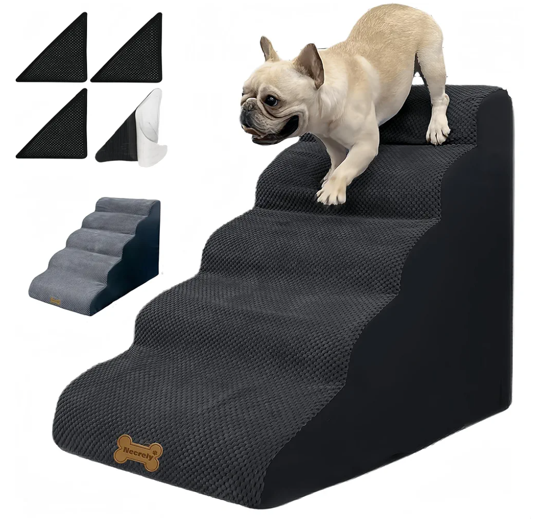 Curved Dog Stairs for High Bed Up to 30", 5-Step Dog Ramp for Small Dogs with Washable Cover, Non-Slip Steps for Cats to Get on Couch and Sofa, Durable Foam Ladder for Medium Breeds, black