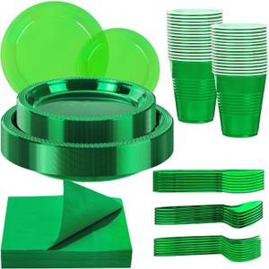 WELLIFE 210Pcs Green Plastic Plates,Clear and Green Plates Set,Party Supplies Including Plastic plates, 12OZ Cups, Disposable Cutlery and Paper Napkins Serve 30 Guests