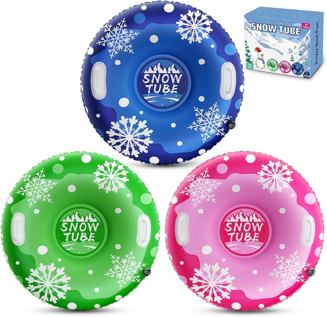 39'' Snow Tube Sled, 3Pack for The Whole Family Inflatable Snow Sled for Kids and Adult, Thickened Heavy Duty Sleds for Snow with Handles, Outdoor Winter Snow Toys for Boys Girls Tubing Sled Gift Set (blue pink green)