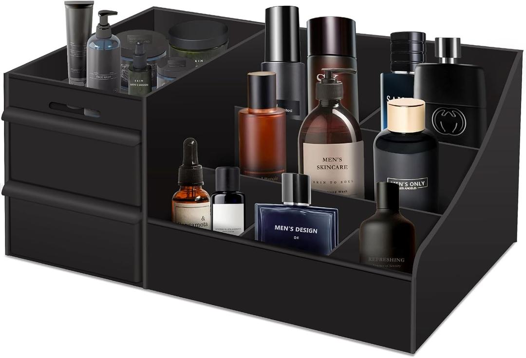 Decorcode Black Vanity Organizer with Drawers – Large Mens Countertop Storage Box for Cologne, Skincare, Makeup, Perfume – Waterproof Dresser Organizer for Bathroom, Bedroom, Desk