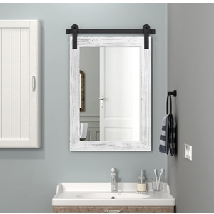 COGOOD Farmhouse Bathroom Mirror - 30 x 21 Rustic Wood Framed Wall Barn Door Mirror for Entryway, Living Room, Vanity Wall Decor (White)