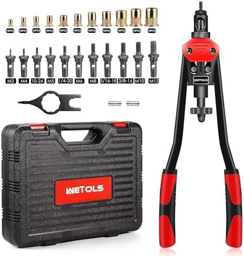 WETOLS 16" Rivet Nut Tool, Professional Rivet Nut Tool Kit with 11 Metric & Inch Mandrels M3 M4 M5 M6 M8 M10 M12, 10-24, 1/4-20, 5/16-18, 3/8-16, 110pcs Rivnuts and Blow Carry Case - WE-889