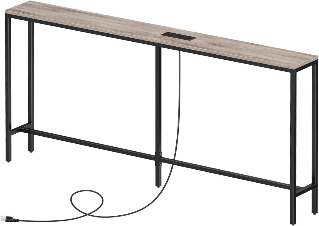 Skinny Console Table with Power Outlets, 63" Narrow Sofa Table, Behind Couch Table with Charging Station, Sofa Hallway Table for Plants, Living Room CTHG165E01 (Greige + Black)