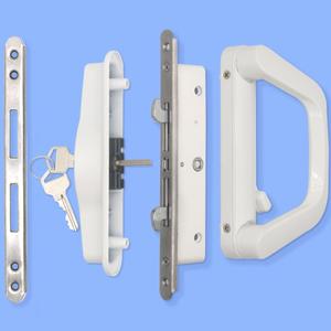 Patio Sliding Door Handle Set with Mortise Lock, Suitable for Sliding Glass Patio Door Thickness from 1.5in to 2in, 4-15/16" Screw Holes, Need to Drill, Reversible Design, Keyed (White)