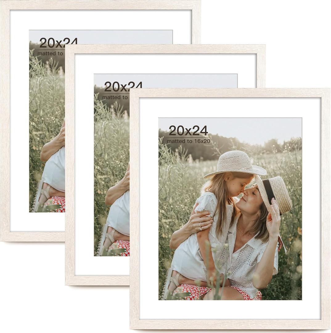 Momentworth 20x24 Picture Frame with Mat for 16x20 Set of 3, Rustic White Wood Grain 20x24 Frame for Wall Mounting (3 Pack, White)