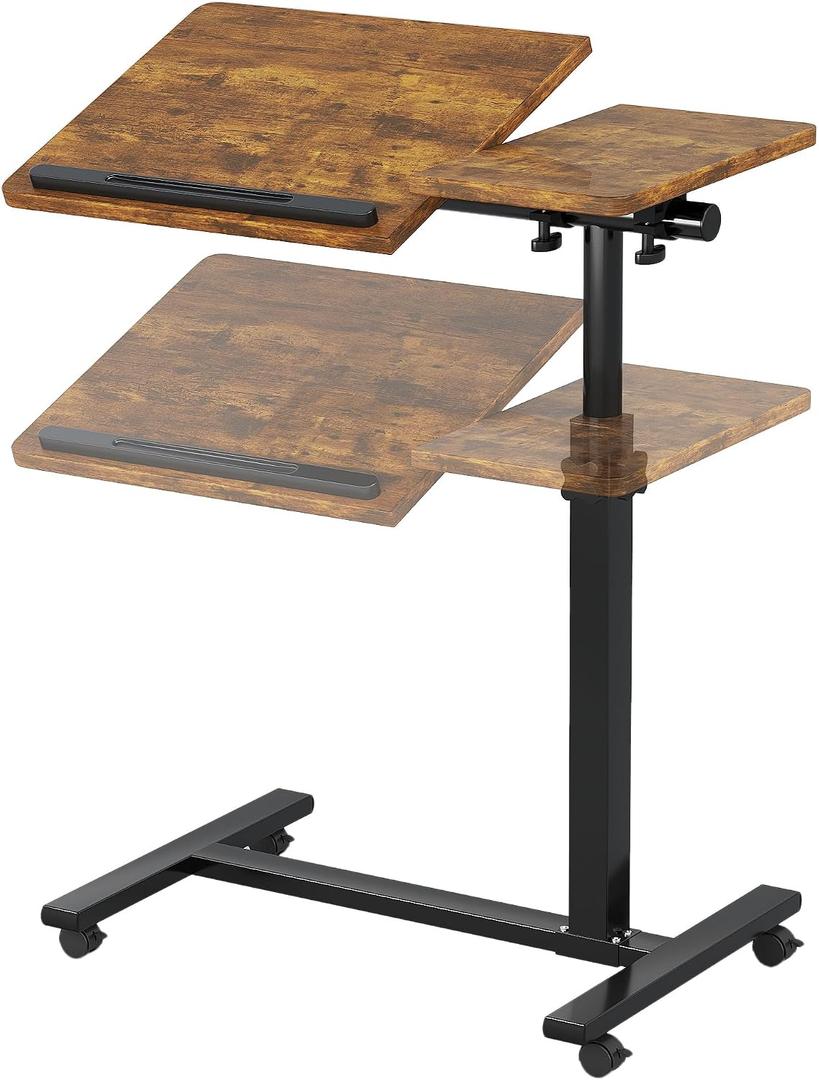 Adjustable Overbed Table with Wheels, Bedside Laptop Desk, Brown, 22.4" x 15.9" x 22.8"