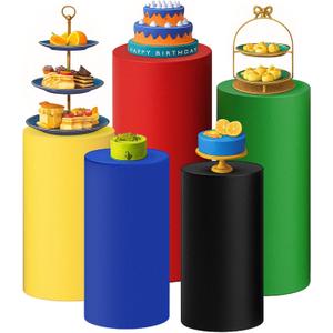 Threehoney Set of 5 Red Blue Yellow Green Black Cylinder Pedestal Stand Covers, Spandex Cylinder Stand Covers for Heroic Themed Party Decorations Man Boy Birthday Carnival Video Game