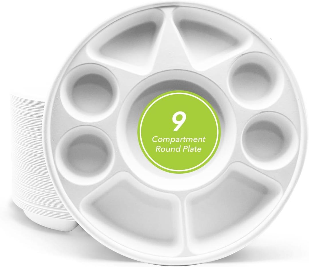 three leaf Bagasse Plates & Trays Heavy-Duty, Super Strong, Natural, Eco-Friendly, 100% Biodegradable - Round Plate - 9 Compartment - 200 CT