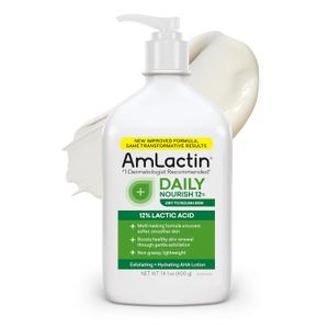 AmLactin Daily Nourish Therapeutic Body Lotion for Dry Skin - No-Scrub Exfoliator and Moisturizer 12% Lactic Acid Lotion, 14.1 oz (Packaging May Vary)