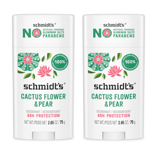 Schmidt's AluminumFree Vegan Deodorant Cactus Flower & Pear with 24Hour Odor Protection, 2 Count for Women and Men, Natural Ingredients, CrueltyFree, 2.65 oz