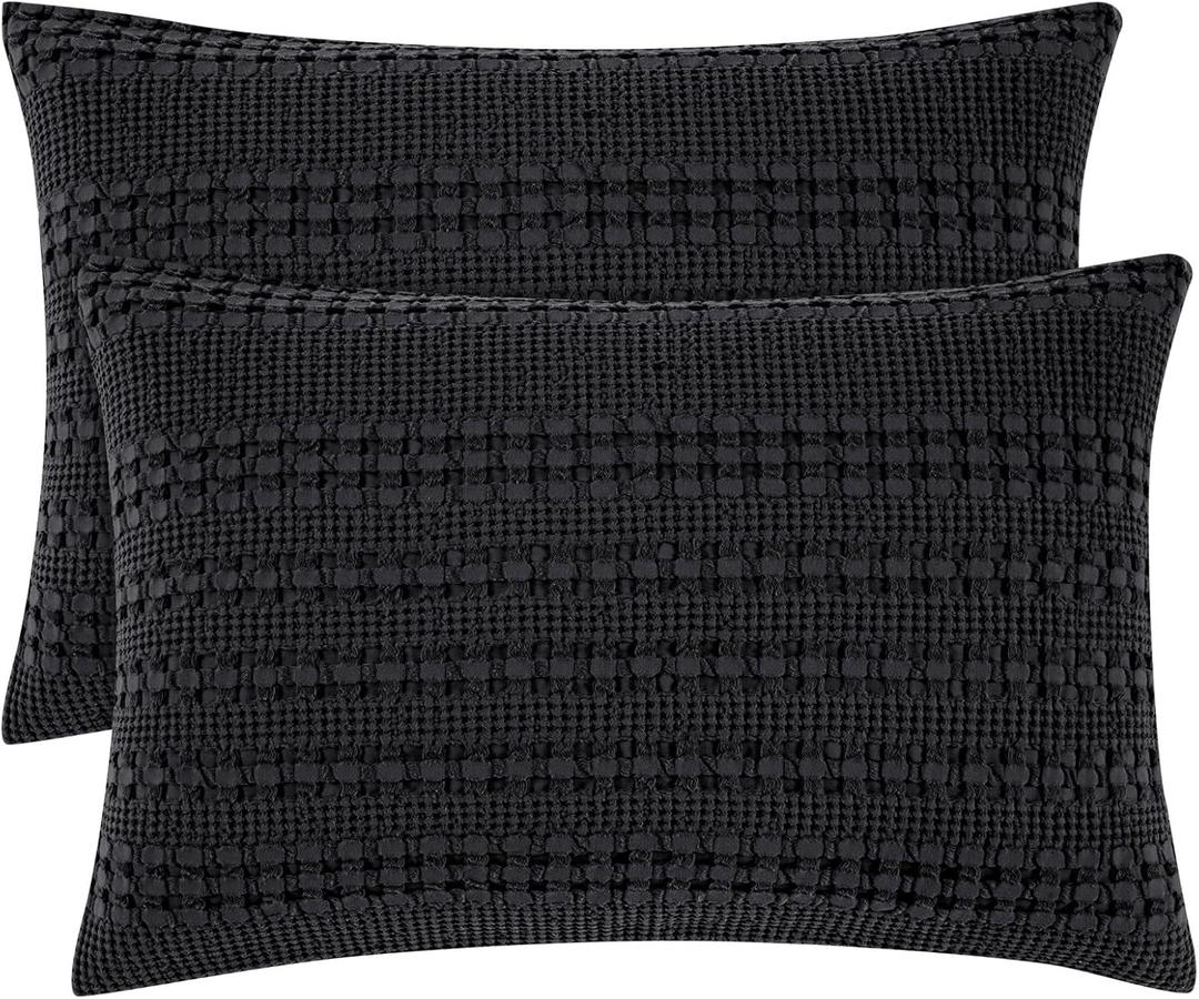 PHF 100% Cotton Waffle Pillow Shams Standard Size, 2 Pack 20" x 26" Soft Skin-Friendly Pillowcases, No Filling, Aesthetic Woven and Breathable Waffle Weave Pillow Case Covers for Bed, Black