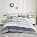 Litanika Comforter King Size Bed Set Light Grey - 3 Pieces Lightweight Bedding Comforter Sets Gray White Colorblock Stripe Fluffy All Season Bed Set