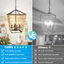 Modern Farmhouse Chandelier Light Fixtures, 4-Light Rattan Pendant Lighting with Bulbs, Boho Black Metal Geometry Chandeliers for Dining Room, Kitchen Island, Entryway Foyer