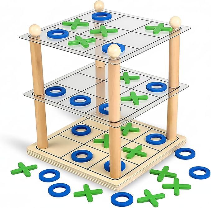 3D Ultimate Wooden Tic Tac Toe Board Game – Classic XO Strategy Game for Kids & Adults, Fun Family Table Games Night, Durable Wooden Tabletop Game
