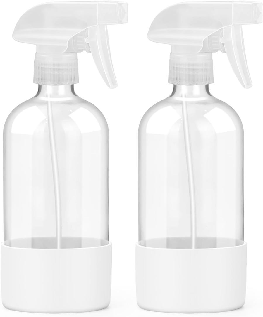 Worldgsb 2 Pack Glass Spray Bottles with Silicone Sleeve, 16 oz Empty Refillable Containers with Adjustable Spray Nozzles, Spray Bottles for Hair, Cleaning Solutions and Plants White