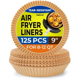 Vailnd 9inch Round Air Fryer Liners Disposable, 125PCS Non-Stick Parchment Paper Liners, Oil Resistant, Waterproof, Food Grade Baking Paper for 5-10 QT Air Fryer Microwave