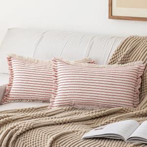 Throw Pillow Covers 26x26 Set of 2 Striped Fringe Pillow Cover Farmhouse Cushion Covers with Tassel Neutral Boho Pillows Decorative Square Pillowcase for Couch Sofa Bed, Red