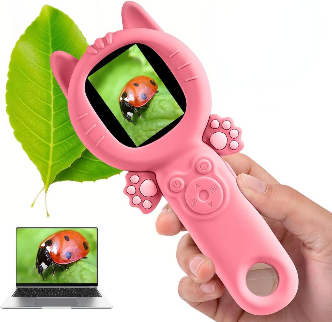 Kids Microscope 500X Digital Pocket Handheld Microscope with Dual Cameras & Autofocus, STEM Educational Toy & Perfect Christmas Birthday Gift for Boys & Girls Ages 3 4 5 6 7 8 9 10(Pink)