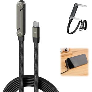 Sideways Charging Cord, 2 in 1 Invisible Holder Charger Cable, 240W Braided Fast Charge Cable with Built-in Phone Stand, Type C for Smartphones Tablets, Foldable Holder Charger Cable