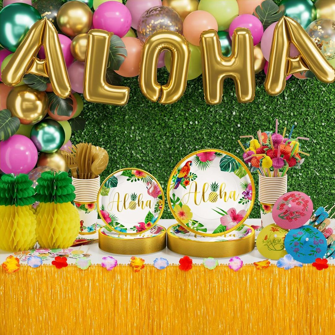 Tiblue Hawaiian Luau Birthday Party Decorations 329PCS Tropical Aloha Party Supplies for Summer Beach Decor Disposable Dinnerware Set (25 Guest) with Plates Napkin Cups Table Skirt Straws Balloon Kit (ALOHA missing)
